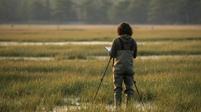 Young Woman in Waders Conducting Field Research in Marshland at Sunset with Lush Greenery Around, Capturing Data with a Tablet and Tripod