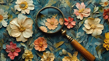 Paper collage of magnifier flowers, vintage.