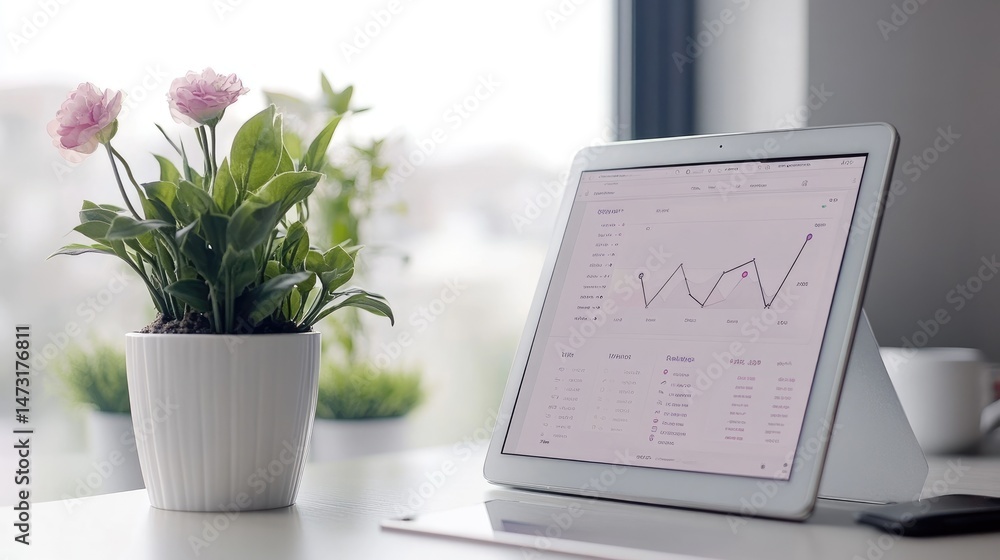 Poster tablet showing time tracking and productivity analytics with minimalist tech workspace
