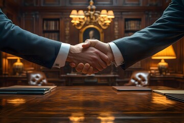 Businessmen shaking hands in a luxurious antique room