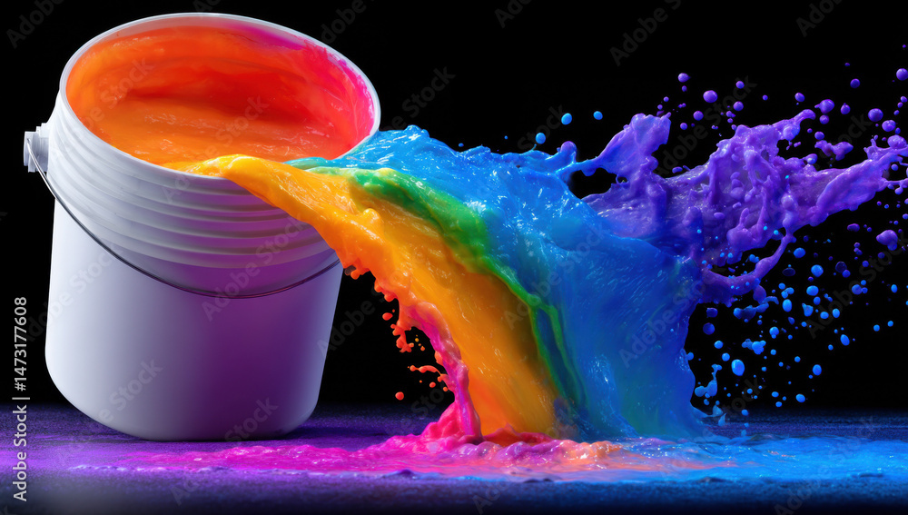 Fototapete Rainbow paint pouring from a white bucket, creating vibrant splashes and droplets against a black background.  The colors are intensely saturated, showcasing a dynamic and energetic sc : Generative AI