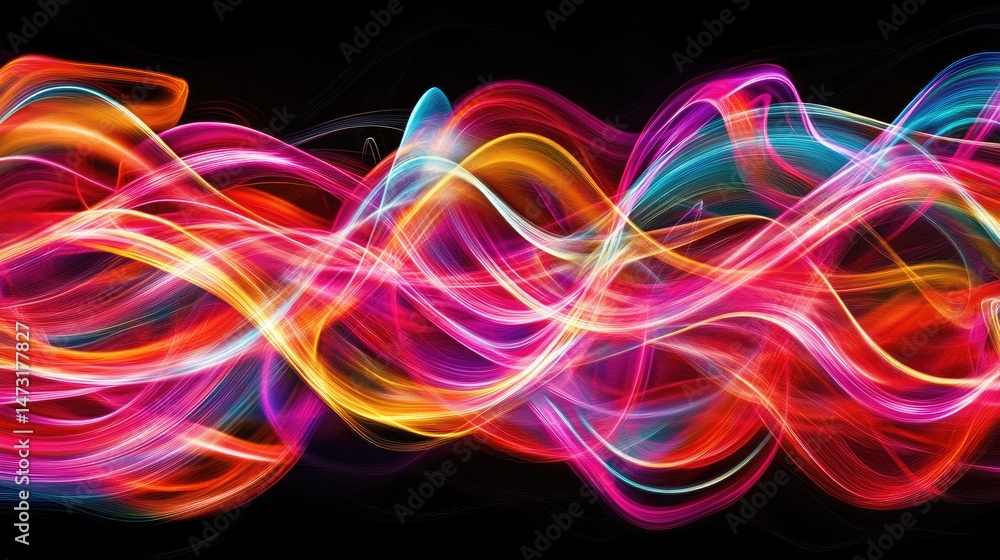 Poster vibrant digital waves in neon colors, creating a flowing motion of data streams and light patterns i