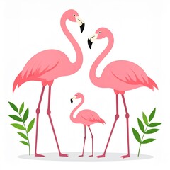 Fototapeta premium Family of Three Beautiful Pink Flamingos in Nature