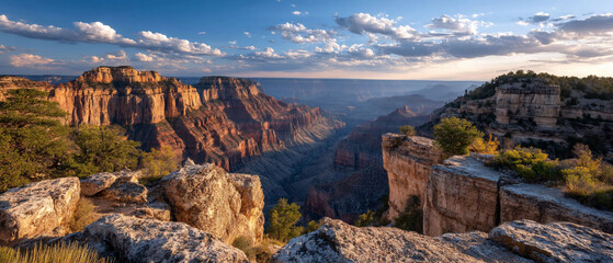 Scenic canyon vista at sunset with towering rock formations and a hazy horizon