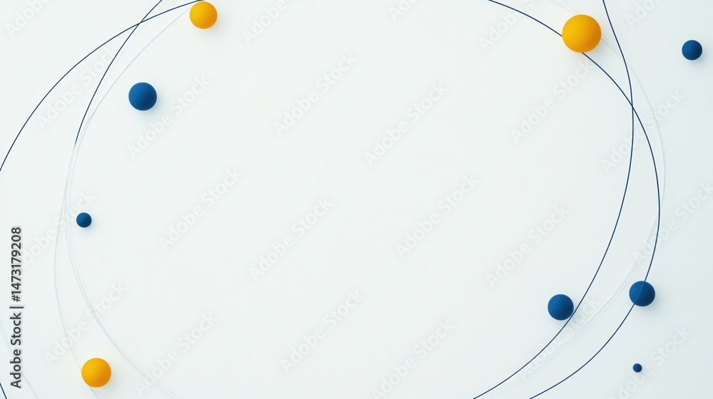 Poster abstract image with blue and yellow spheres connected by thin curved lines on a white background, re