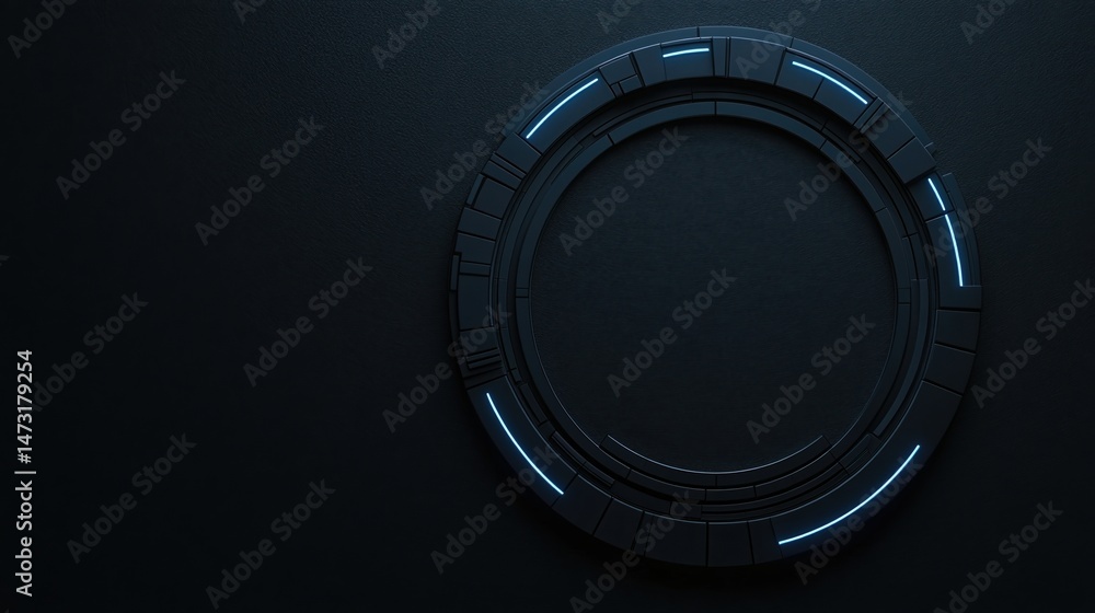 Poster a sleek, futuristic black circular object with geometric patterns set against a dark background.
