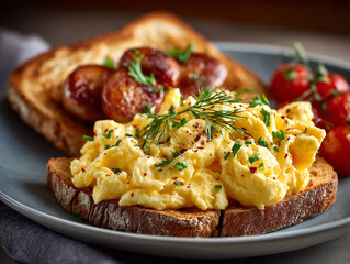 Fototapeta premium Scrambled eggs with sausage, toast and cherry tomatoes, parsley, dill, pepper