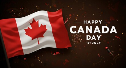 Patriotic Canada Day Graphics Featuring Waving Flag, Red Maple Leaf, and Bold 'Happy Canada Day' Text for July 1st Celebration