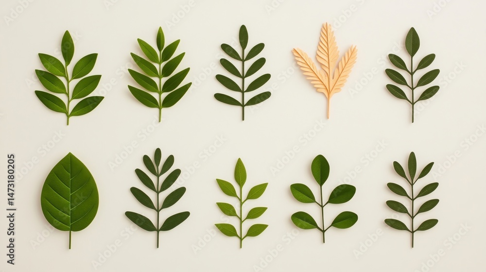 Poster ten stylized leaves of various shapes and shades are arranged in two neat rows on a light background