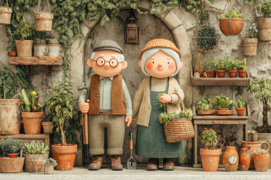 Elderly couple, charming cartoon style, standing near rustic stone wall, surrounded by potted plants and flowers in terracotta pots, holding gardening tools, whimsical illustration. : Generative AI - Powered by Adobe