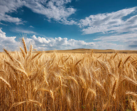 Golden wheat field under a vibrant blue sky with fluffy white clouds, a picturesque summer landscape showcasing the beauty of nature's harvest. : Generative AI