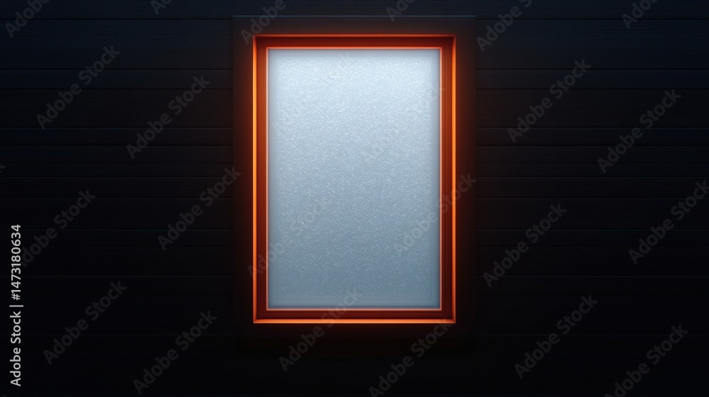 Poster a single frosted window with an illuminated orange frame set in a dark wall.