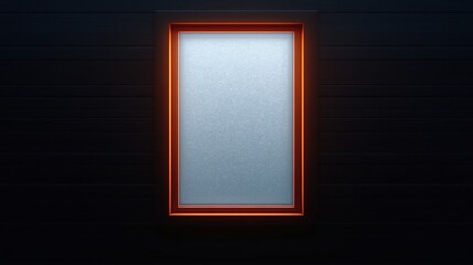 A single frosted window with an illuminated orange frame set in a dark wall.