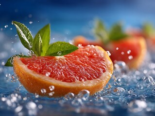Sliced grapefruit in splash with green leaves against a blue gradient background