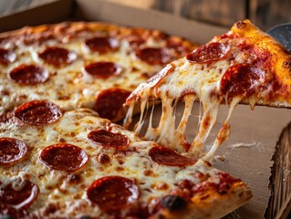 Freshly Baked Pepperoni Pizza on Cardboard Box with Stringy Cheese Stretching from Slice, Mouthwatering Deliciousness Tempting Food Craving