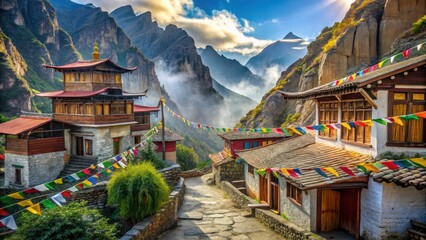Fototapeta premium Serene Mountaintop Village with Ancient Architecture and Colorful Prayer Flags