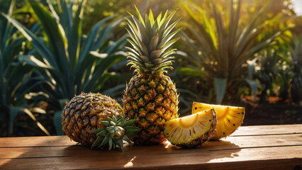 Pineapple fruits with slices on wooden table in pineapple farming.