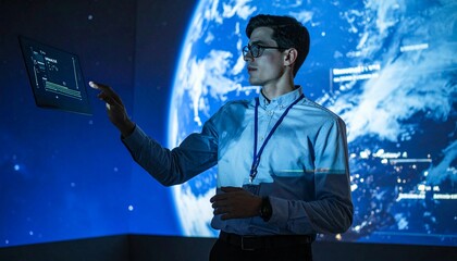 Young entrepreneur presenting a pitch deck via floating screen in a zero-gravity environment, space startup theme