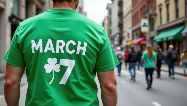 person wearing a green march 17 shirt with a minimalist shamrock design while walking through a bustling city street on st patricks day - Powered by Adobe
