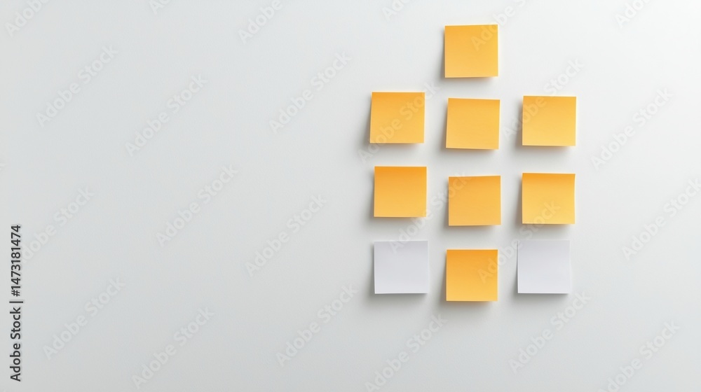 Poster yellow and white sticky notes arranged in a grid pattern on a light grey wall.