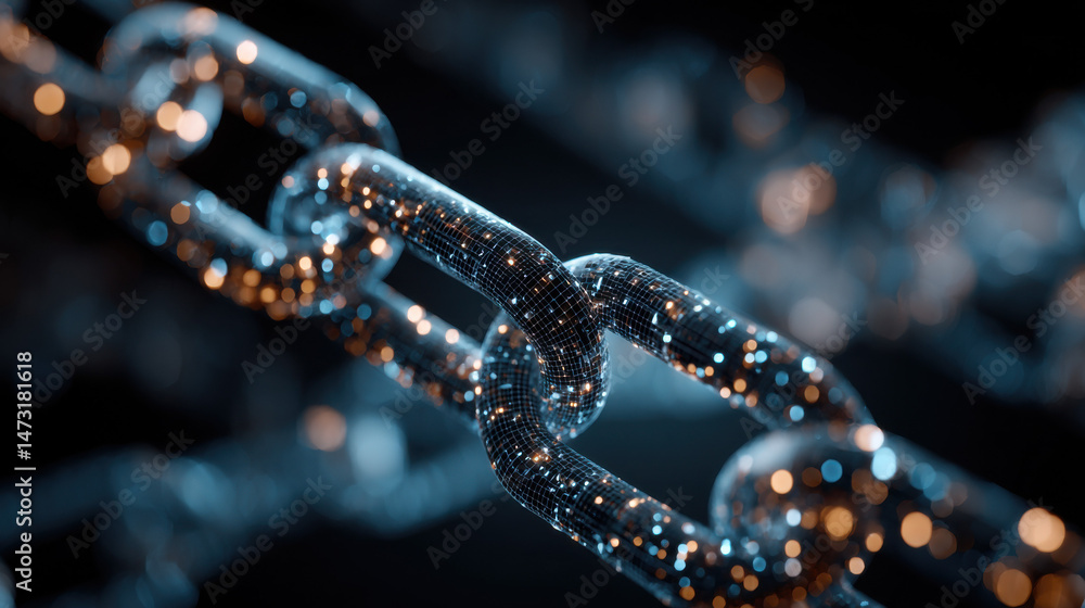 Poster Close-up view of a metallic chain, rendered with a digital mesh and glowing particles, suggesting concepts of connection, security, or technology. : Generative AI