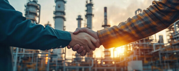 Two men shaking hands in front of a large industrial plant. Scene is professional and businesslike