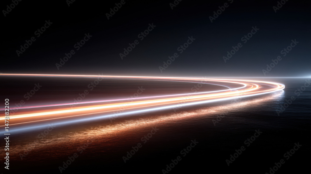Poster Abstract light trails curve over dark water at night, creating a dynamic and futuristic scene.  The glowing orange and white streaks suggest speed and movement, ideal for technology or : Generative AI