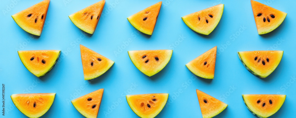 Poster a blue background with a bunch of watermelon slices on it. the slices are cut in half and arranged i