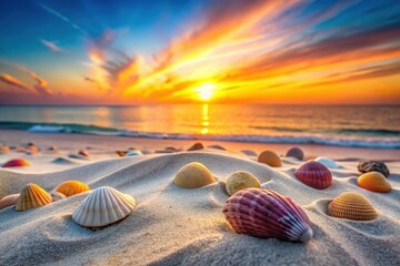 Obraz premium Seashells scattered on a sandy beach at sunset, the ocean waves gently lapping the shore, a vibrant and colorful scene of nature's beauty