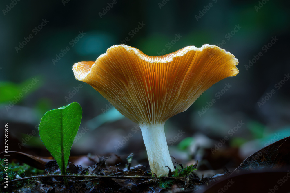 Aufkleber a single, vibrant orange mushroom with a delicate, wavy cap stands tall in a dark forest setting, il