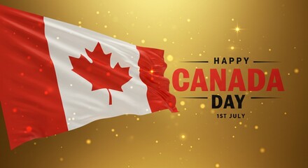 Celebrating Canada Day with Bold 'Happy Canada Day' Text, Waving Flag, and Red Maple Leaf for July 1st Holiday Design