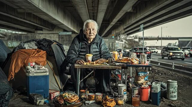 Homeless senior man sits by meager belongings under a bridge, looking at the camera.