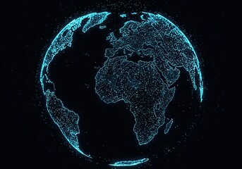 Digital globe showing continents with connected dots on a dark background