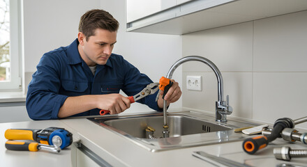 Professional Plumber Repairing Kitchen Sink Faucet Expert Plumbing Services for Homeowners