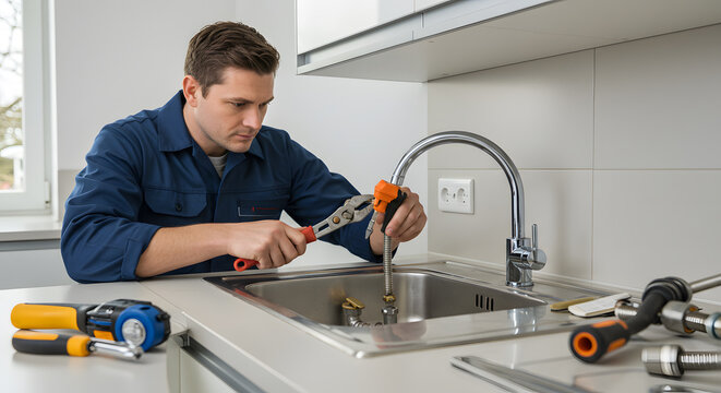 Professional Plumber Repairing Kitchen Sink Faucet Expert Plumbing Services for Homeowners