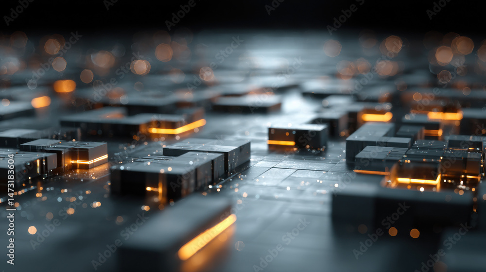Poster Abstract digital landscape with glowing orange lines on dark grey cubes, creating a futuristic technological scene. : Generative AI