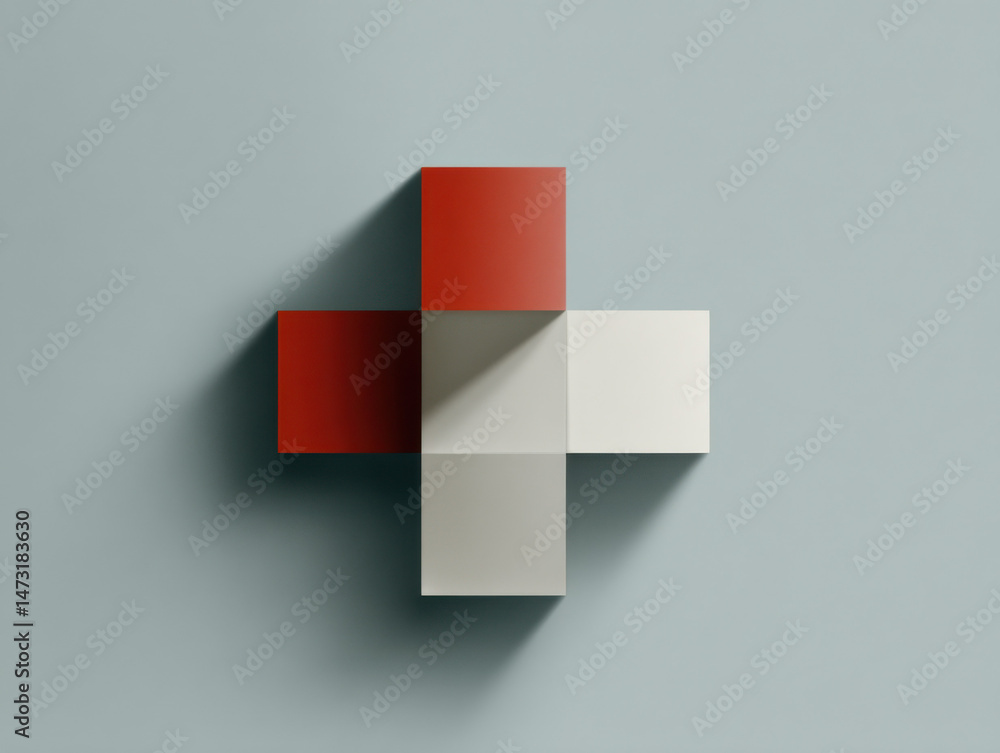 Poster abstract cross shape formed by red and beige cubes, casting shadows on a light blue background. mini