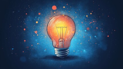 Illuminated lightbulb, glowing brightly against a dark background, with bursts of colorful light