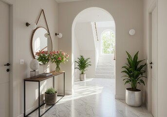 Bright hallway with console table, mirror, flowers, and arched doorway