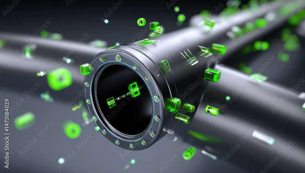 Poster futuristic metallic cylinder with green glowing cubes and geometric shapes, abstract technological b