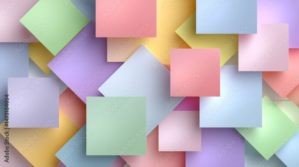 Poster Pastel-colored squares overlap in a dynamic, abstract composition, creating a visually appealing and modern design.  The soft hues and geometric shapes evoke a sense of calmness and so : Generative AI