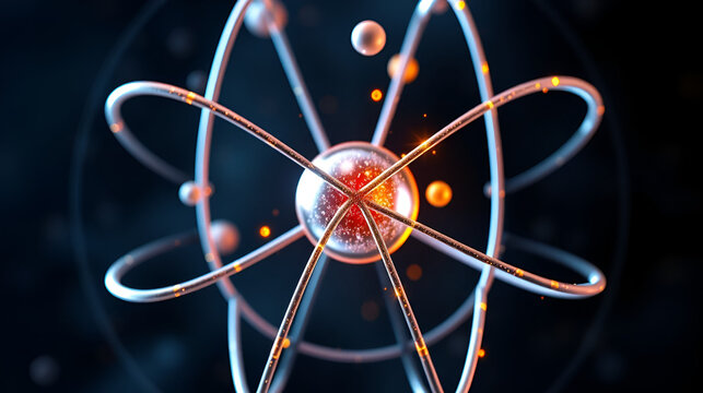 A detailed 3D isomatic representation of an atom with multiple electron shells