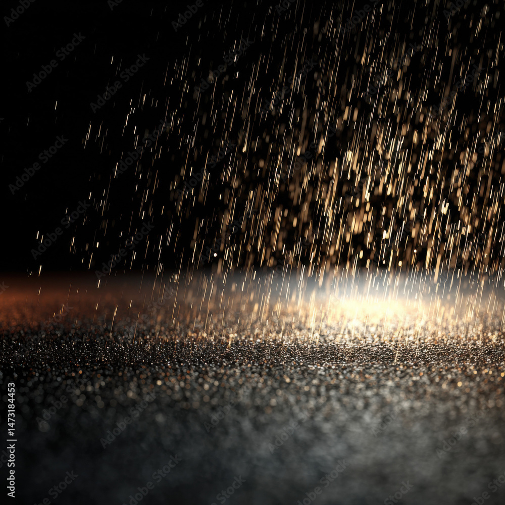 Poster golden rain falling on a dark, glistening surface at night, creating a dramatic and atmospheric scen