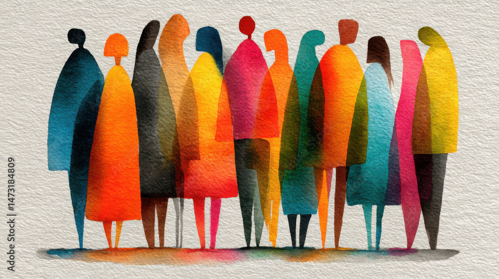 Aufkleber abstract watercolor painting of a diverse group of people standing together, showcasing vibrant colo
