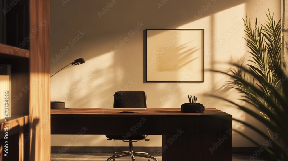 Aufkleber sunlight streams through the window illuminating a desk and a framed picture creating a serene atmos