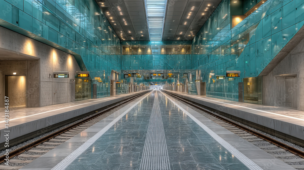 Poster modern train station platform with teal glass walls and polished marble floor, showcasing sleek arch