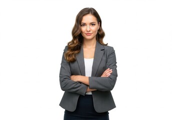 Confident businesswoman poses with arms crossed on a white background