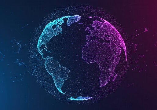 Abstract earth globe made of glowing particles against a gradient background