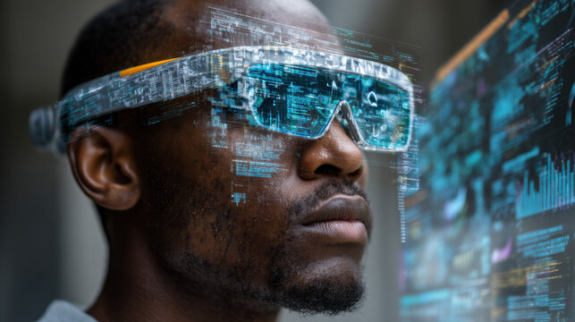 A close-up portrait of a man wearing futuristic augmented reality glasses, displaying digital data and code overlays. : Generative AI - Powered by Adobe
