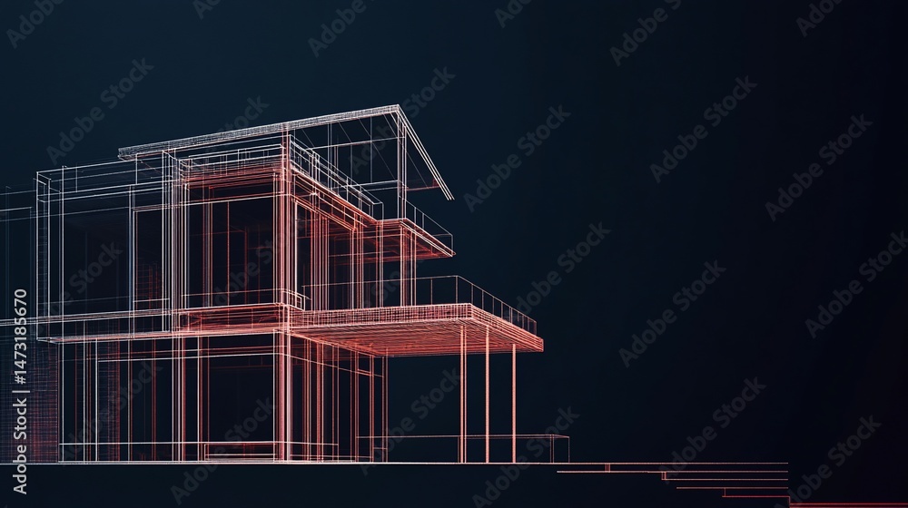 Poster modern architectural design of a building with a 3d line structure on a dark background